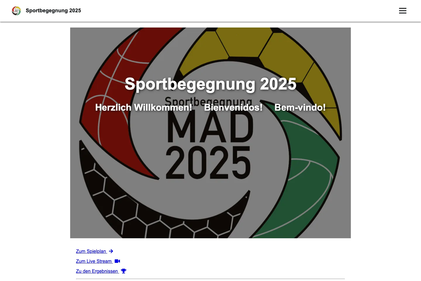 Sportbegegnung 2025 event homepage with schedule, stream, and results links